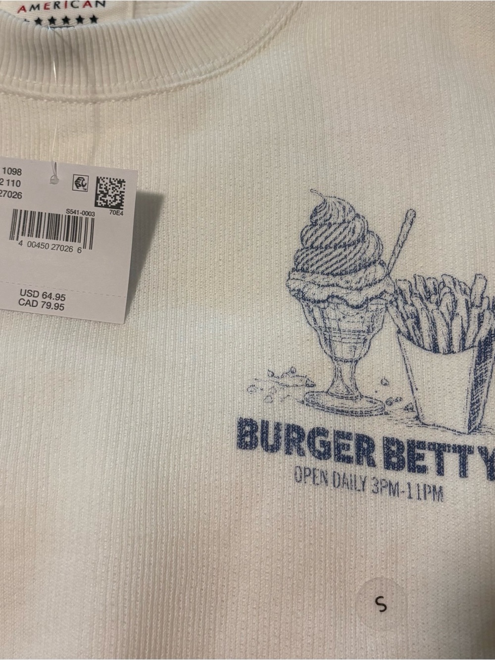 American Eagle Burger Betty’s Crewneck Fleece Sweatshirt, Women’s Small NWT - Picture 2 of 10